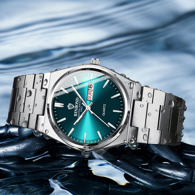 BINBOND トップブランドの高級メンズクォーツ時計オリジナル腕時計男性用防水発光日付週ステンレス鋼腕時計男性
