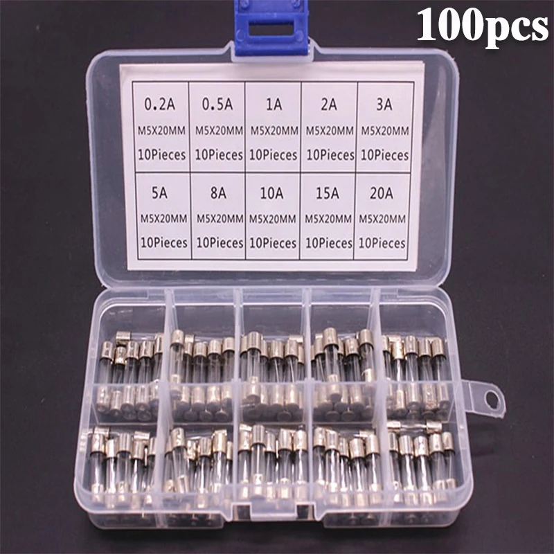 Kit combinado de fusibles de vidrio soplado rápido de 100 piezas 5x20 mm 250 V 0,1 0,2 0,25 0,5 1 1,5 2 3 4 5 8 10 12 15 20 A en caja de plástico transparente