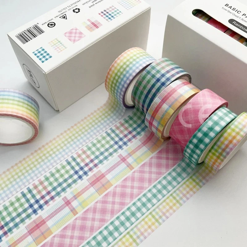 เทปวาชิลายสก็อต 6 ม้วน/กล่อง น่ารัก สไตล์ DIY สำหรับตกแต่งของขวัญ วัสดุตกแต่ง 6 สีในกล่องเดียว 5 เมตรต่อม้วน