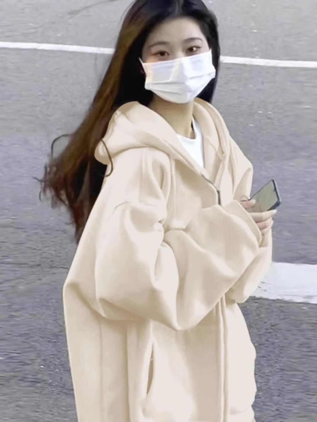 Oversize Hoodie Women's Fleece Lined Korean Sle Simple Color Solid Pure Color Open Cardigan Jacket Long Sleeve Zipper