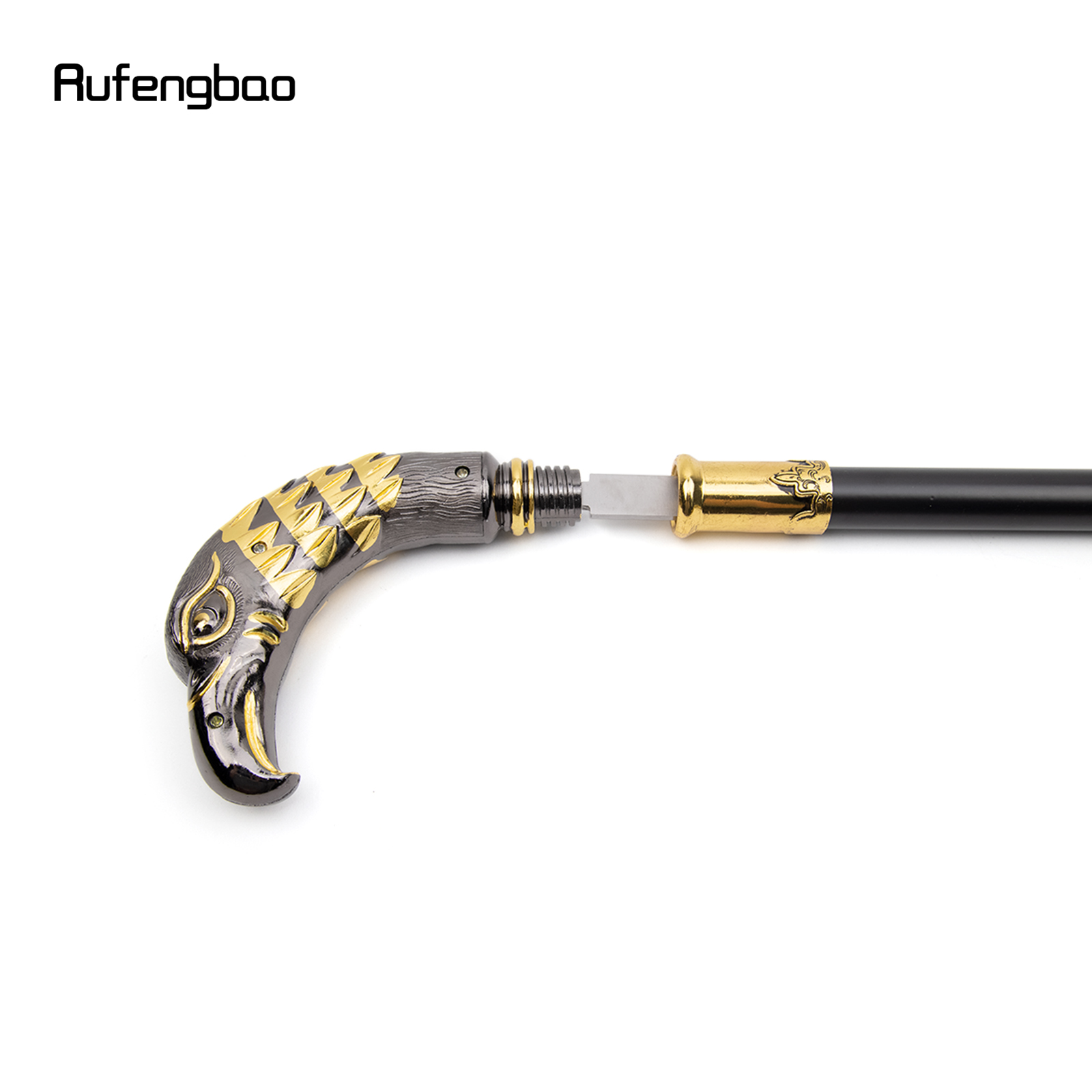Bastón de lujo con mango de águila de cabeza larga, color negro dorado, con placa oculta, bastón de moda de autodefensa, báculo de Cosplay de 90cm