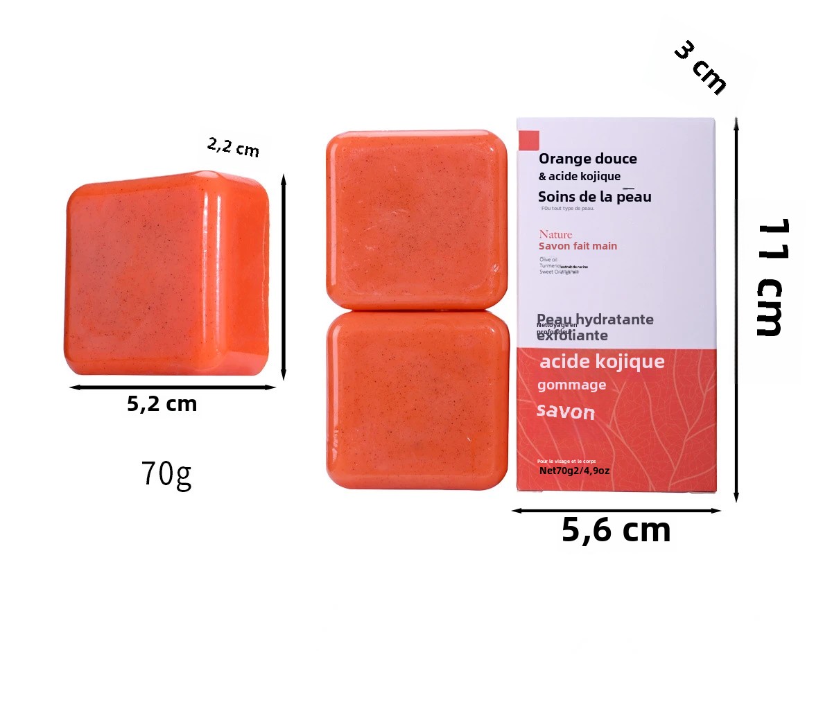 Savon gommage à l'acide kojique et à l'orange douce, 70g/140g, Glutathion, lait de coco, cèdre, éclaircissant, curcuma, barre de soins pour la peau