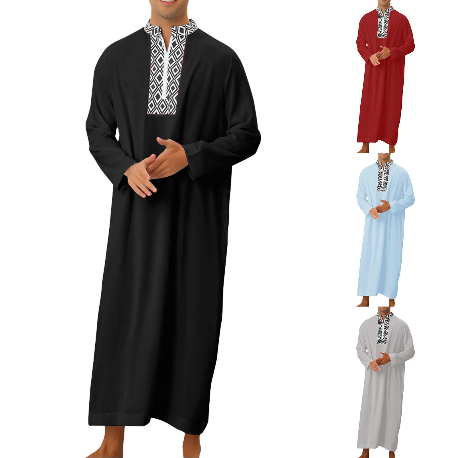 Kaftan de manga comprida masculina com decote em v, Djellaba casual, Abaya, Jubba Thobe, roupas masculinas muçulmanas, kaftan marroquino, meio zíper, moda, 2024