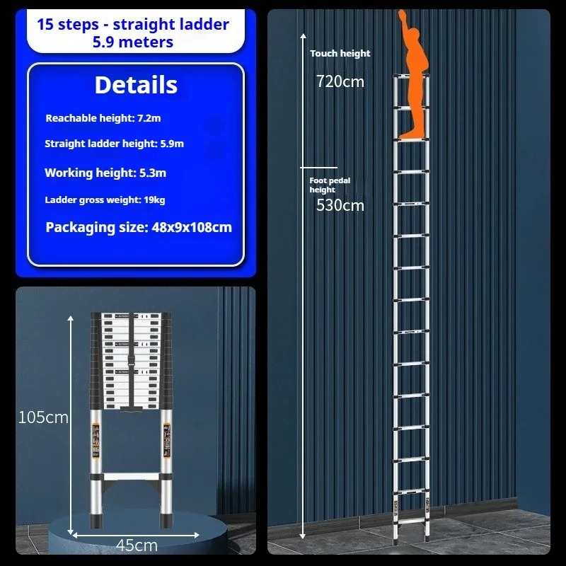 Escalera telescópica de acero inoxidable, escalera recta plegable, 1,5 m de alto, duradera y resistente a la oxidación, almohadilla antideslizante para pies