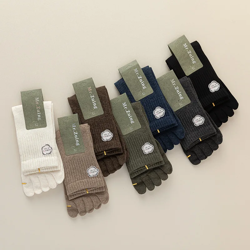 5 par/lote calcetines de cinco dedos para hombre Otoño/Invierno calidez 100% algodón Color sólido calcetines deportivos con punta abierta Anti-olor calcetín con punta Harajuku