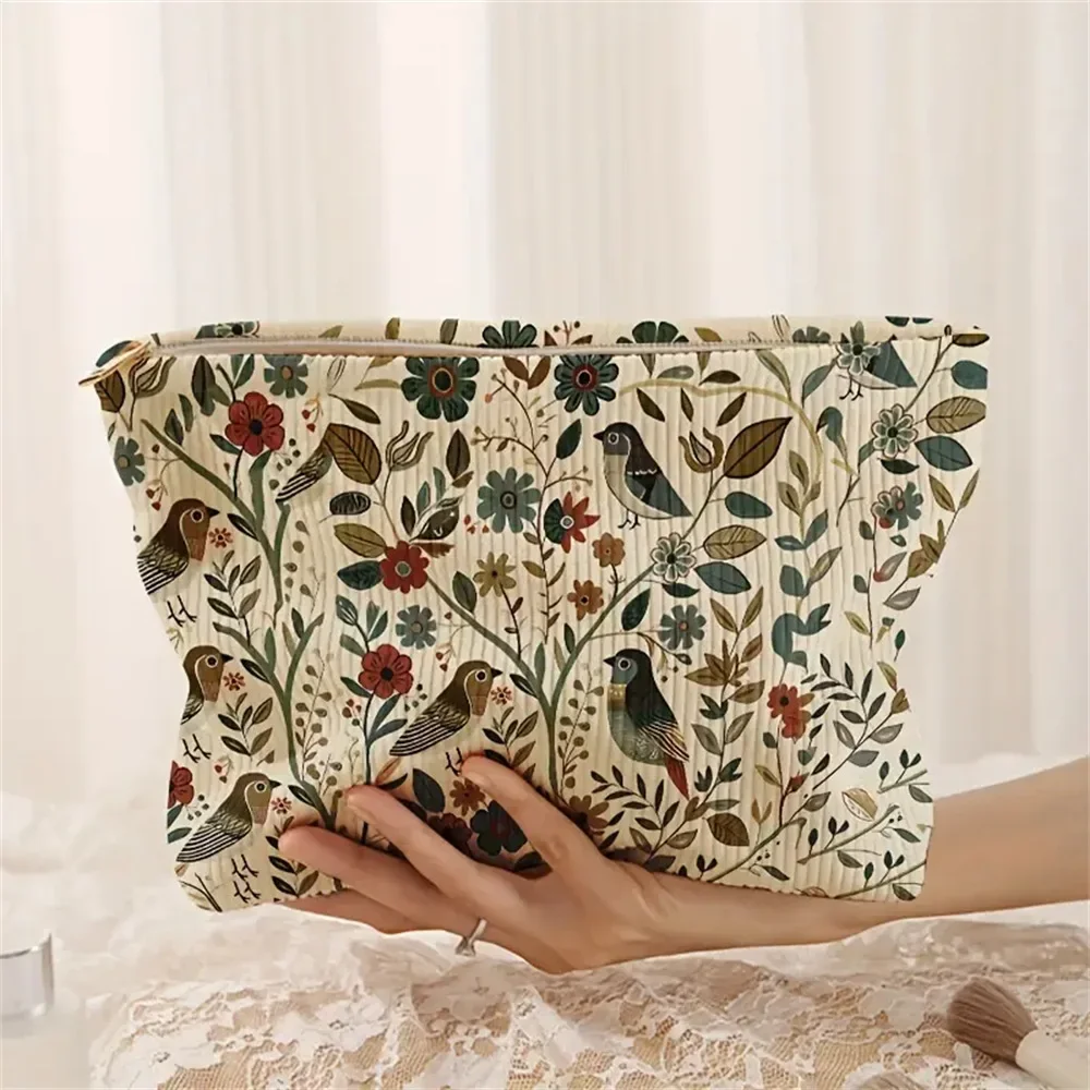 Bolsas de cosméticos con diseño de pájaro y rama, bolsa de maquillaje para mujer, bolsa de almacenamiento de cosméticos de pana, bolsa de aseo portátil para ir al trabajo, 1 ud.