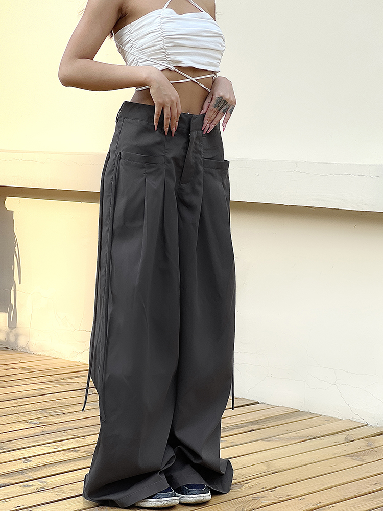 HEYounGIRL Casual Calças de Perna Larga Mulheres Cintura Alta Rua Calças Básicas Soltas Calças de Suor Coreano Retro Cinza Calças de Senhora de Escritório
