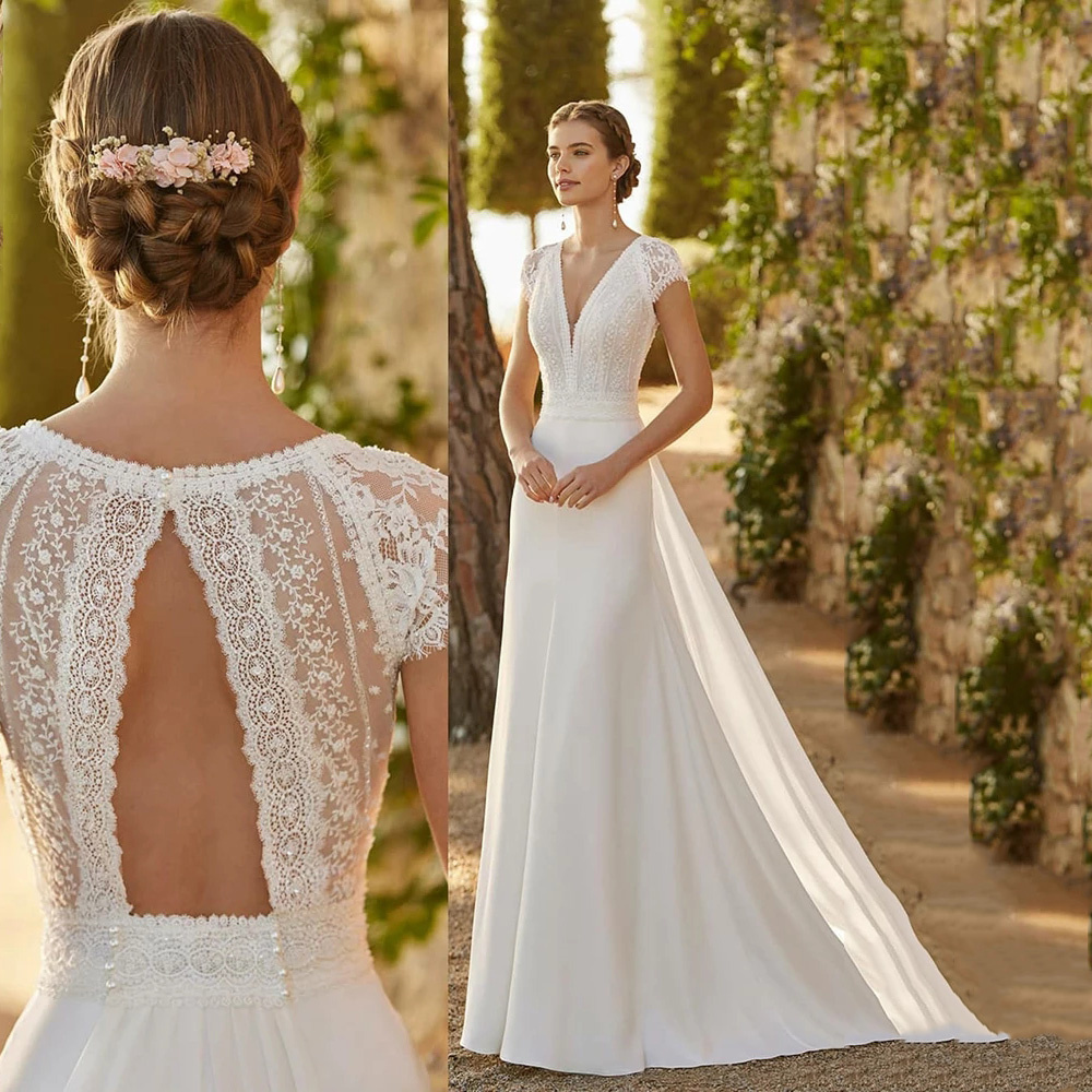 Abiti da sposa moderni in raso di pizzo avorio con scollo a v staccabile maniche ad aletta abiti da sposa Plus Size abiti tagliati De Noiva