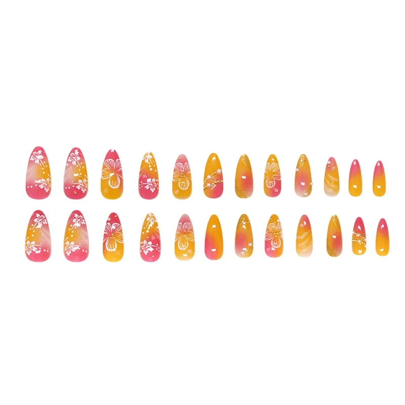 24 Uds. Puntas de uñas postizas de flores blancas Ins amarillo rosa rubor uñas postizas cubierta completa usable prensa en forma de almendra europea en las uñas