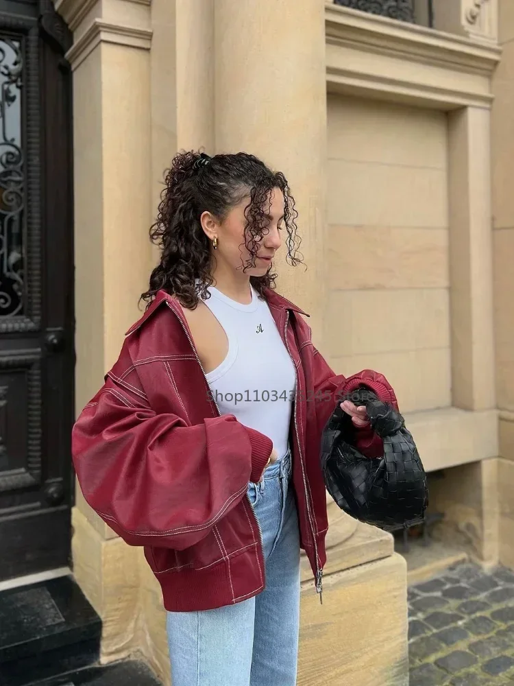 2025 neue Frauen Wein rot Reiß verschluss Lederjacke lässig Langarm Revers kurz geschnittenen Mantel Vintage Herbst Mode Oberbekleidung
