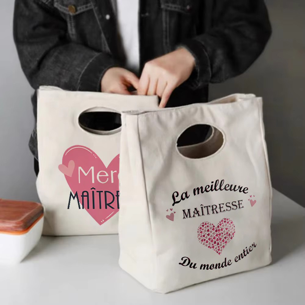 Merci Maitresse Print Lunch Bag Portable Insulated Canvas Cooler Bento  Tote Thermal School Food Storage Bags Gift for Teacher