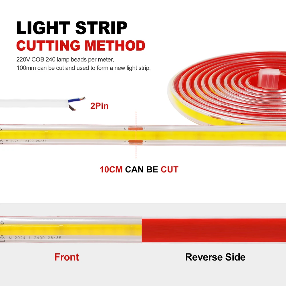 220V COB LED Strip Light 240LEDs/M IP67 Waterproof Driver Build In 10cm Can Be Cut Flexible Adhesive Tape RA90 Linear Lighting