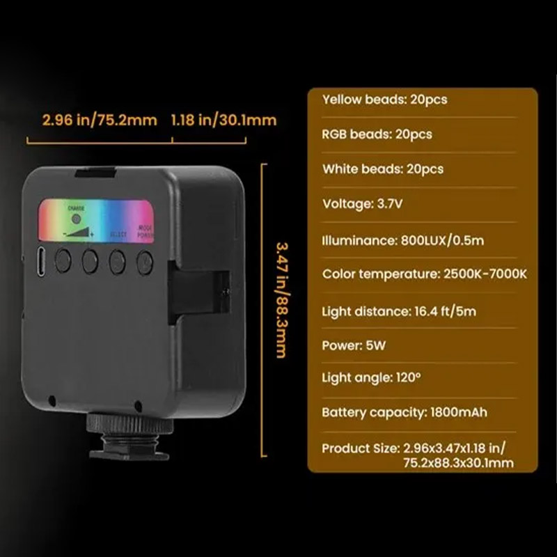 Mini RGB Fülllicht Tragbare LED Vollfarb-Videoleuchte 2500K-7000K 800LUX Fotografie Typ-C Taschenkamera Blitzschuhlicht