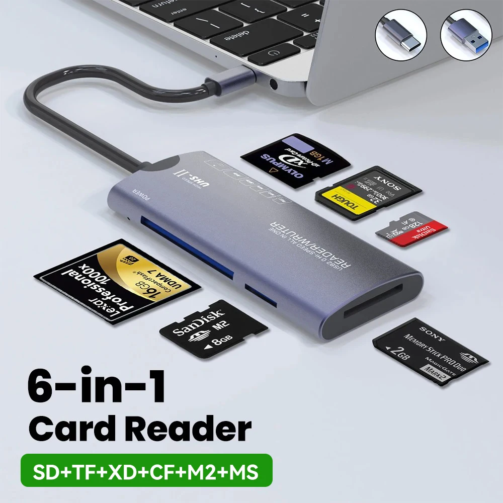 Leitor de cartão multifuncional USB2.0/TYPE-C 6 em 1 Adaptador de cartão de memória SD/TF/XD/CF/M2, adequado para transferência de dados e muito mais.