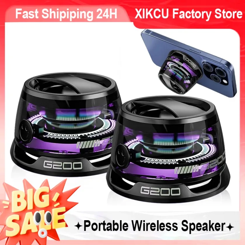 XIKCU Mini altavoz Bluetooth magnético portátil estéreo de viaje para exteriores inalámbrico con luz de Color RGB y soporte para teléfono para ios