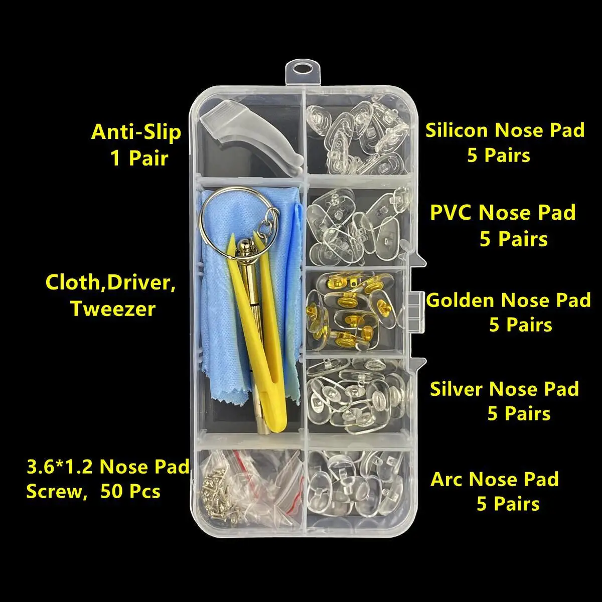 Kit di strumenti di riparazione per naselli per occhiali Kit di sostituzione con pinzette per cacciavite Ganci per le orecchie Confezione in scatola