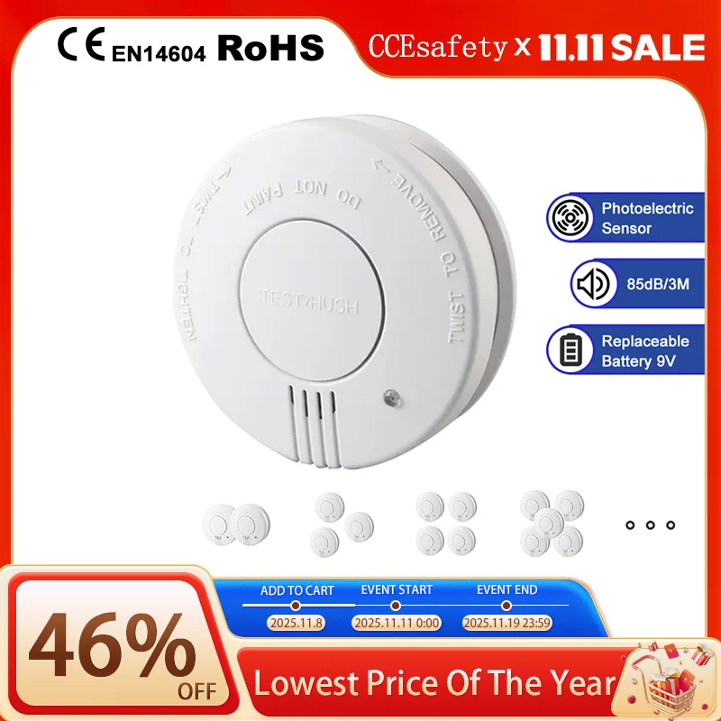 Detector humo, batería reemplazable de 9V, alarma de humo y incendio, Sensor de humo, pitido de batería baja para cocina, dormitorio, oficina, CE EN14604