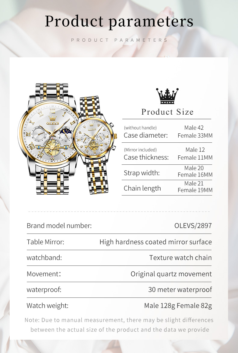 Olevs-男性と女性のための防水腕時計、プルオーバーの時計、ステンレス鋼、防水クロノグラフ、月のフェーズ、フライホイールデザイン、カップル、トップブランド