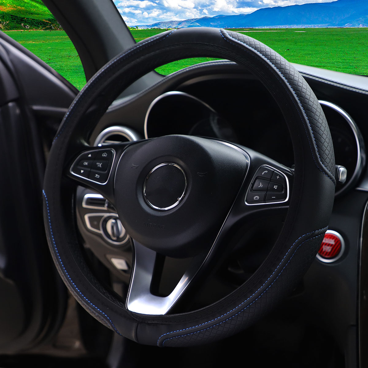 1 チェック柄 PU エンボスレザー自動車用品ステアリングホイールカバー内輪なし 14.5-15 インチに適合