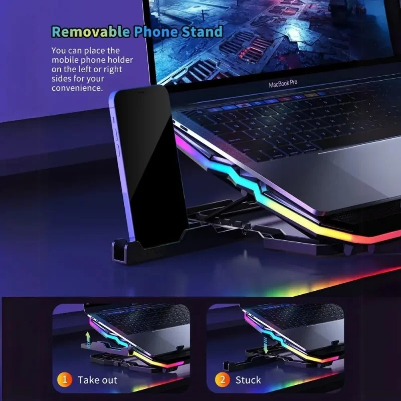 RGB 노트북 패드 블랙 – 60 °   회전식 베이스, 높이 조절 가능 및 RGB 조명 – 12″~17″ 노트북에 적합 – 인체공학적, 미끄럼 방지, 게임용 및