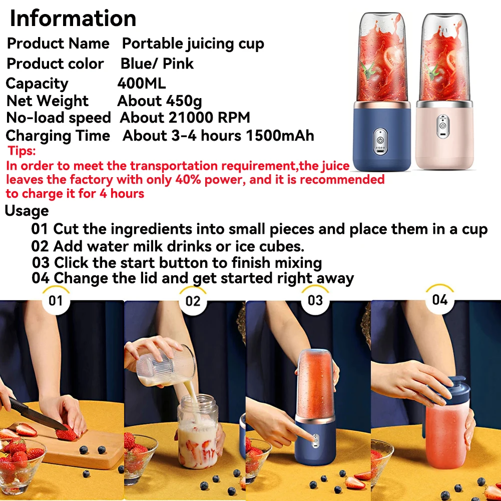 Tragbare elektrische Entsafter blau rosa ABS Tasse Multifunktions Obst Gemüse Lebensmittel Mixer Milchshake machen Mixer wiederaufladbar
