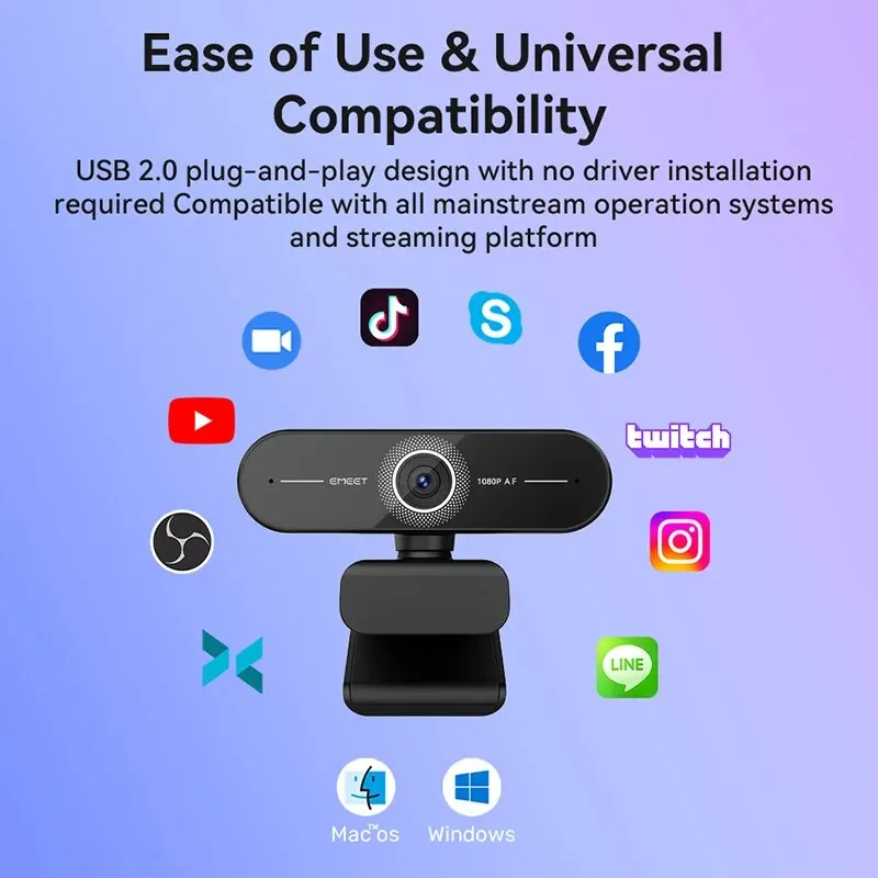 4K Webcam 1440P 2K Webkamera 1080P EMEET C60E Autofokus USB-Computerkamera für Wohn-/Videoanruf-/Konferenz