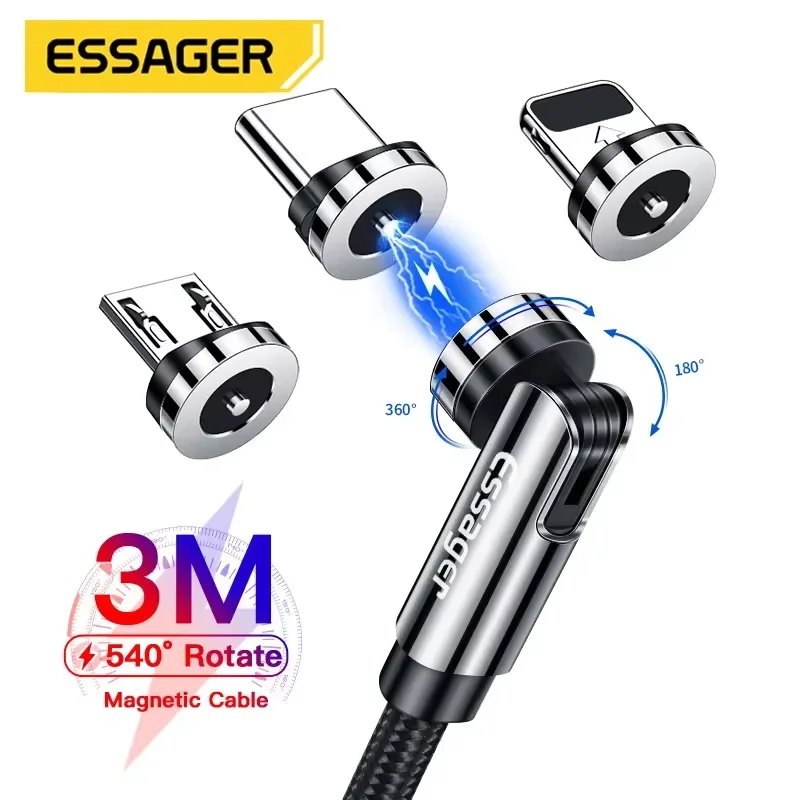 Магнитный кабель Essager 540, вращающийся, магнитное зарядное устройство для быстрой зарядки, кабель Micro USB типа C, провод для мобильного телефона, шнур для iPhone Xiaomi