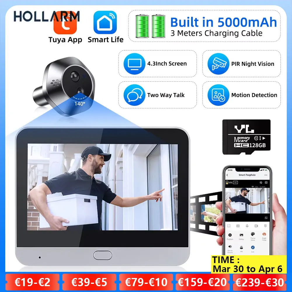 Hollarm 4.3inch Tuya Deurbel Camera Wifi Kijkgaatje Deur Camera 1080P PIR Nachtzicht Bewegingsdetectie Deur Kijker18)