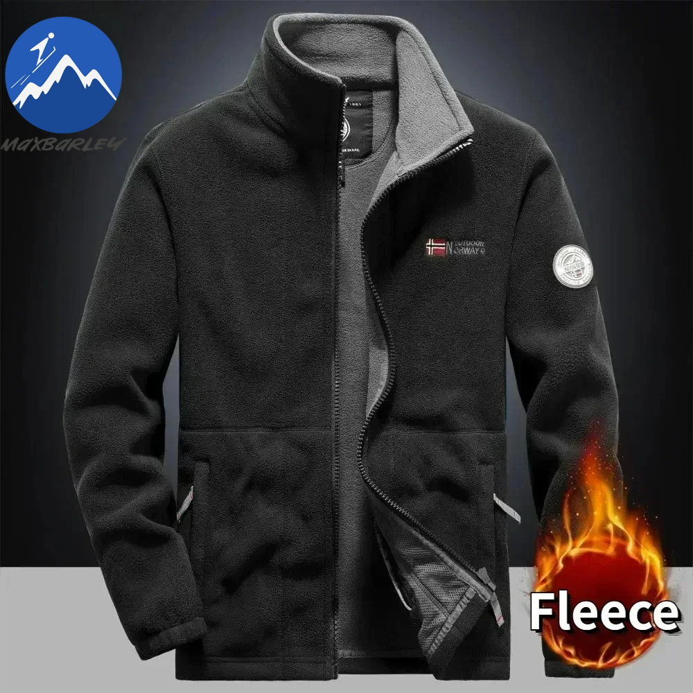 Inverno quente jaqueta de lã dos homens escalada duplo engrossado bolso jaqueta ao ar livre gola alta à prova vento esqui moletom casaco homem neve