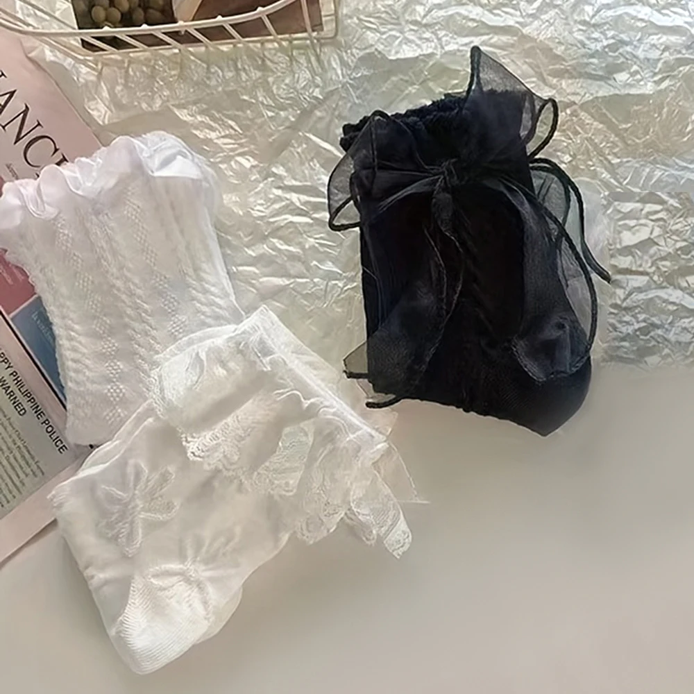 6 pares de calcetines de mujer sólido negro blanco Lolita encaje volantes calcetines verano fino estilo japonés Kawaii dulce niñas calcetines cortos