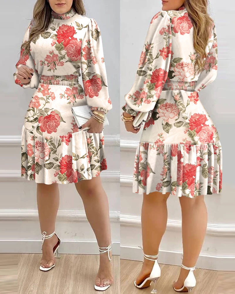 Herbst Frauen Floral Print Geraffte Rüschen Kleid 2022 Femme Casual Laterne Hülse Robe Büro Dame Kleid Outfits Onkogene Vestid