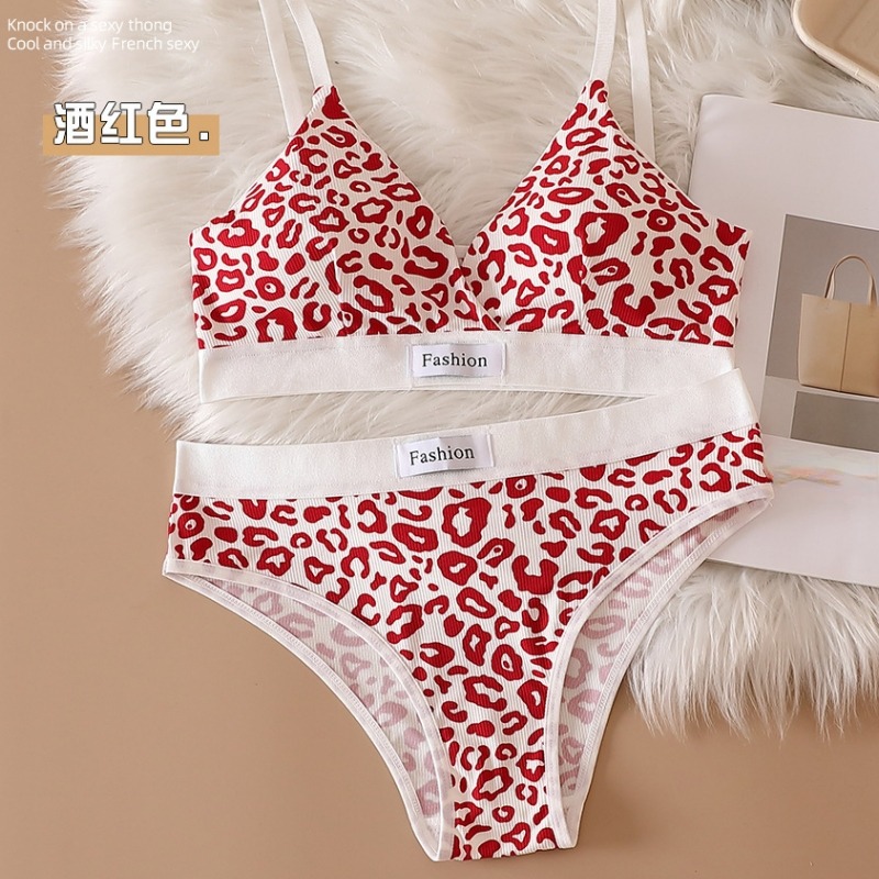 2023 Summer New Women's Leopard Print Traceless and Steel Rim Bra Adjustable Shoulder Strap Back Women's Underwear Set