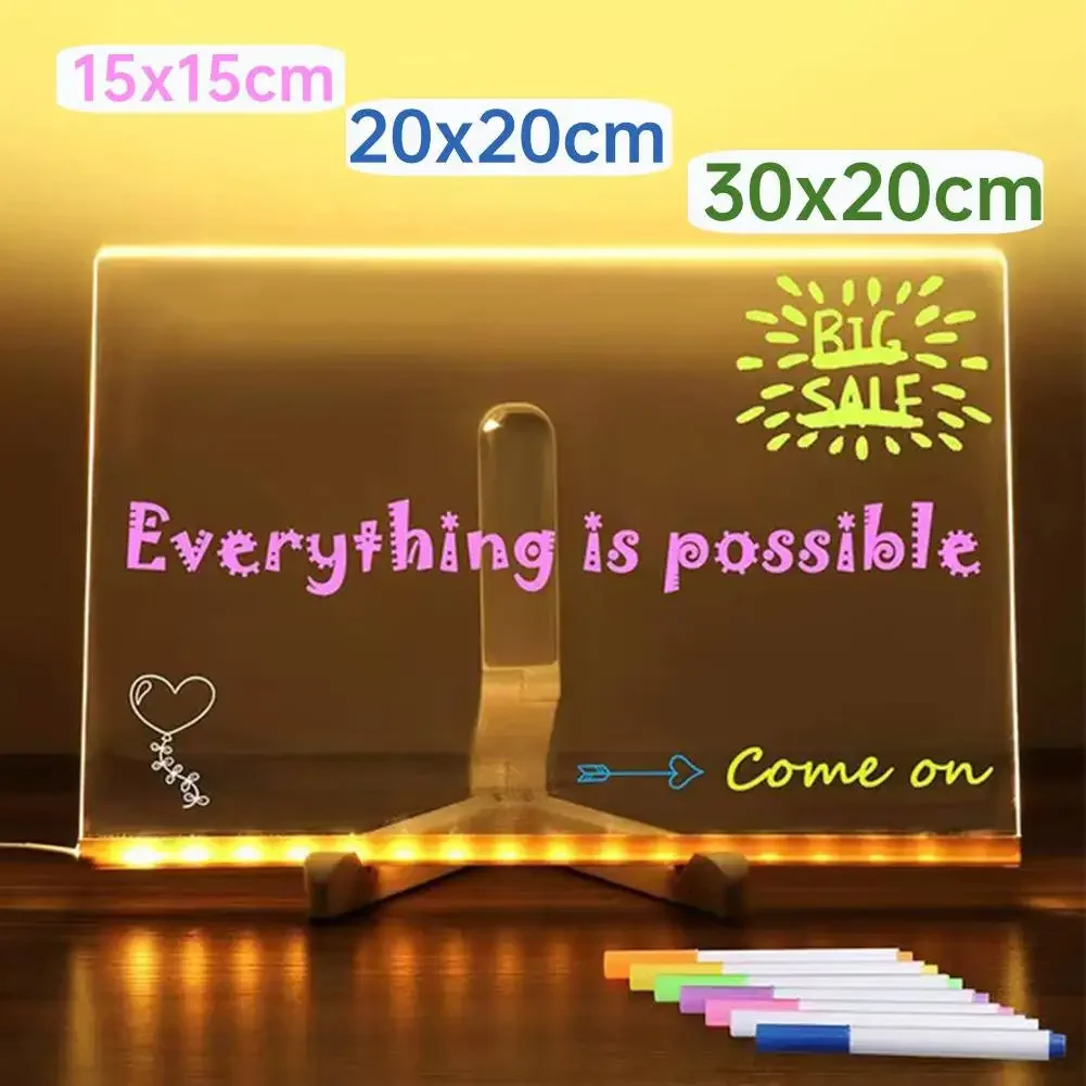 Lavagna per messaggi in acrilico illuminata riscrivibile, lampada per messaggi da tavolo da disegno incandescente per bambini fai da te con 7 penne colorate