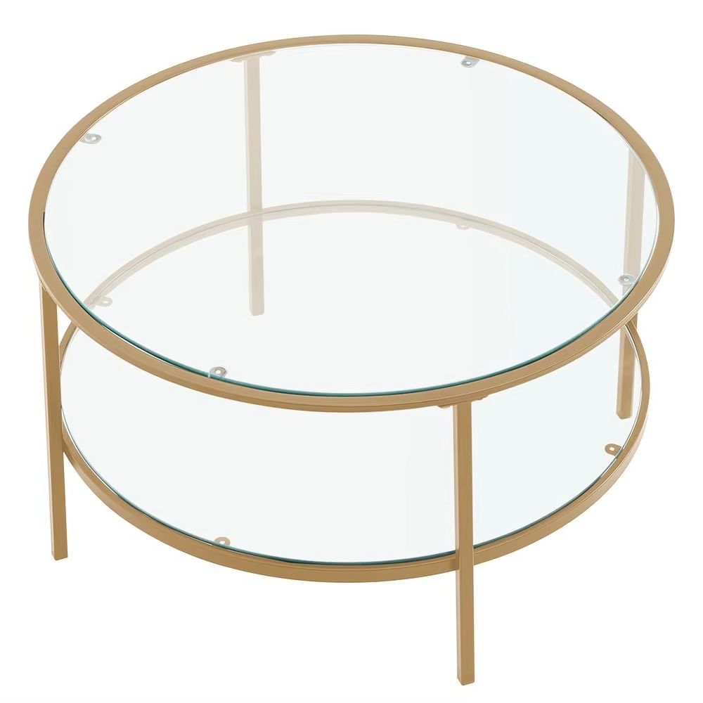 2 Tier Round Glass Coffee Table Side Table Gold Frame