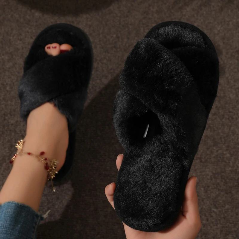 CrissCross Band Plush House รองเท้าแตะสําหรับสตรีเปิดนิ้วเท้า Soft Sole Fuzzy รองเท้าผู้หญิงฤดูหนาว COZY WARM รองเท้าแตะในร่ม
