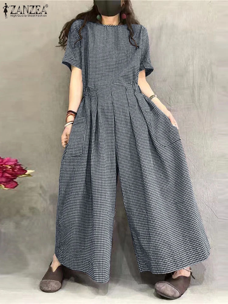ZANZEA Kurzarm-Overall mit weitem Bein, plissierte Taille, O-Ausschnitt, lockere lässige Gingham-Overalls, 2023, modischer Damen-Langspielanzug