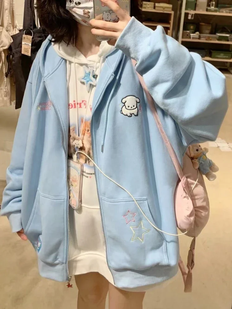ADAgirl Kawaii Zip Up ผู้หญิง Hoodie สีชมพู Harajuku Cutecore Hooded ขนาดใหญ่เสื้อเกาหลีขนแกะแขนยาว Girly Tops