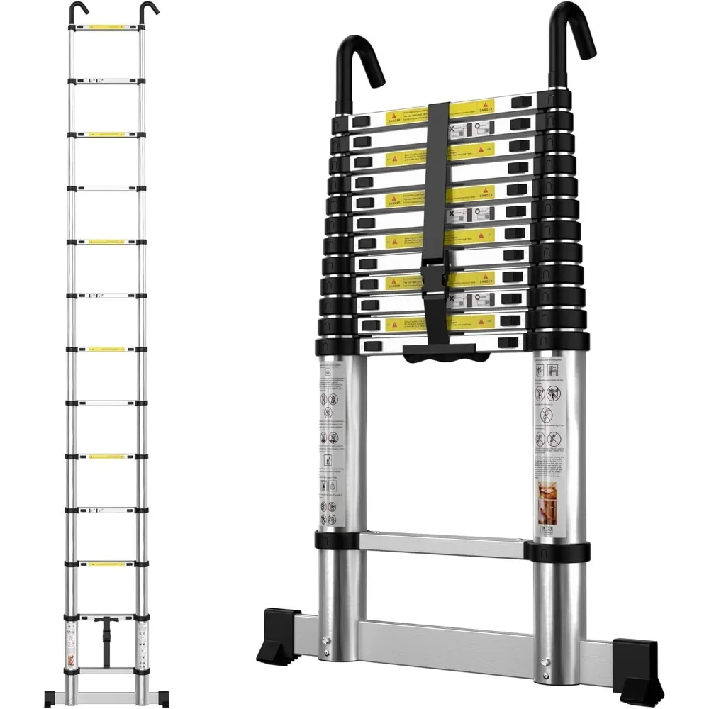 Teleskopleiter 3,8 m, Teleskopleiter mit Stabilisatoren und abnehmbaren Haken, Mehrzweckleiter aus Aluminium