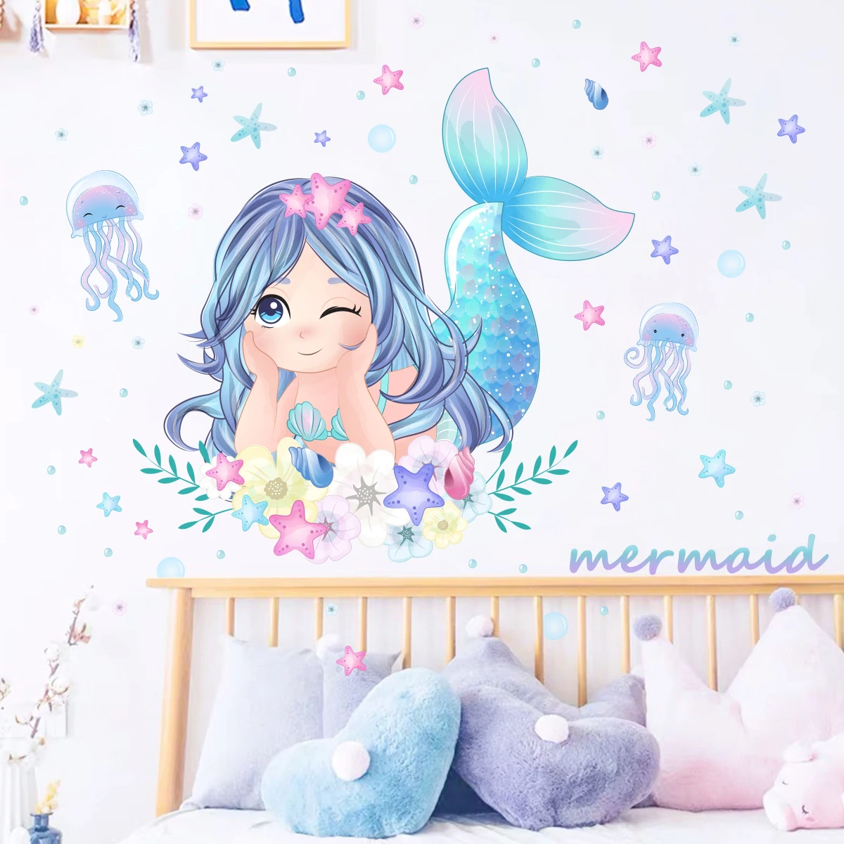 Medusa dos desenhos animados sereia adesivos de parede para crianças decoração do quarto fundo meninas quarto sala estar decoração casa decalque brilho