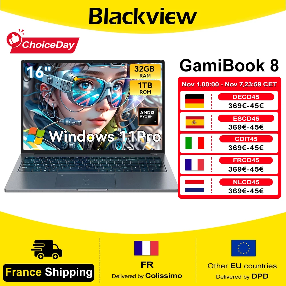 BLACKVIEW ‎GamiBook 8 Laptop AMD R7 7735HS 16" IPS 1902*1200 32GB DDR5 1TB SSD 57Wh Windows 11 Pro Verlicht Toetsenbord BT5.2 PC