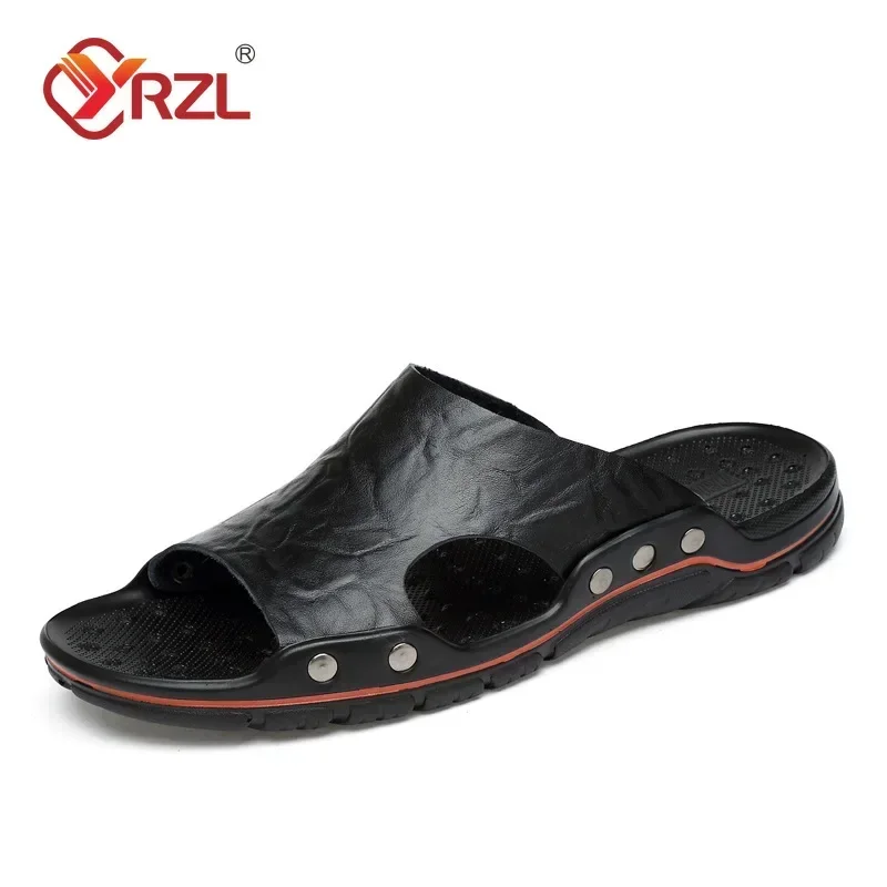 YRZL Herren-Sandalen, PU-Leder, klassische Sommer-Herren-Hausschuhe, weiche schwarze Hausschuhe, große Hausschuhe, leichte EVA-Slides für Herren