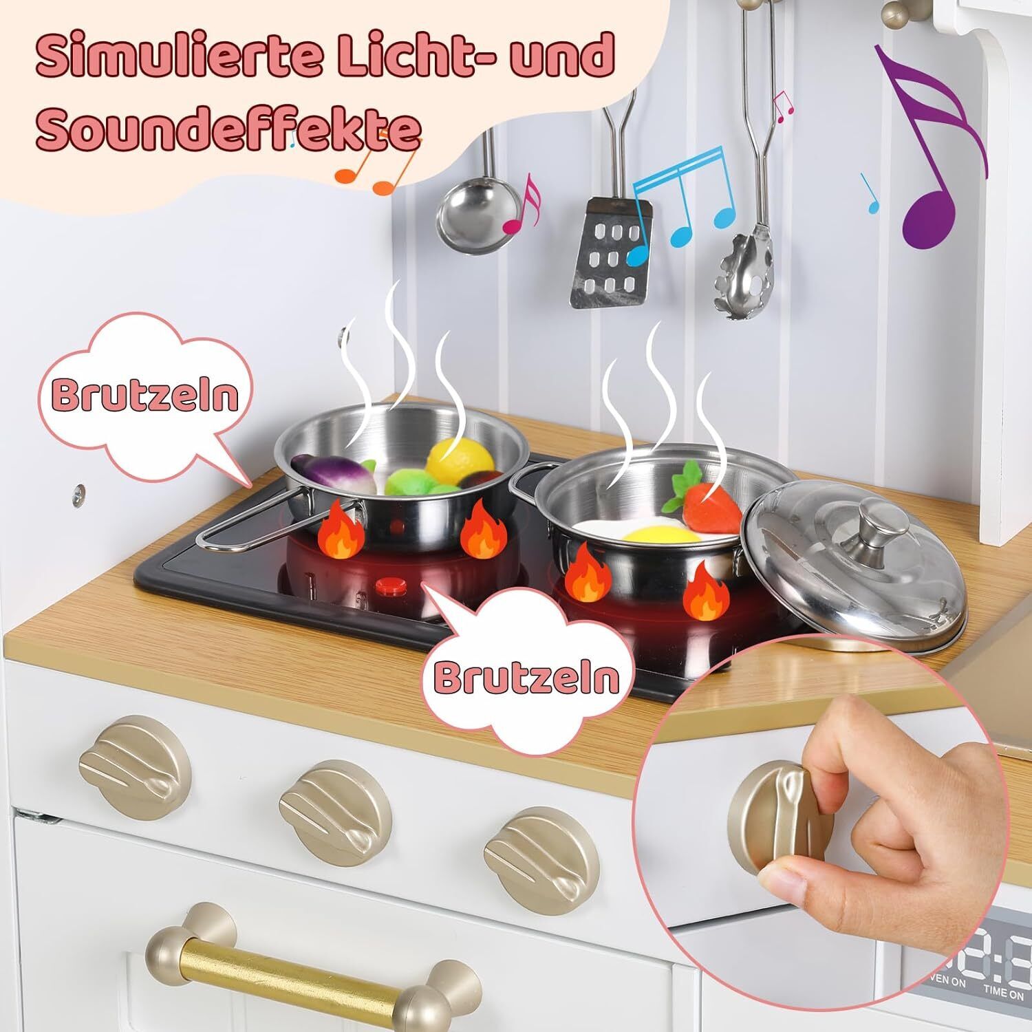Set da gioco giocattolo da cucina in legno verticale per bambini con stufa, forno, lavello, frigorifero e accessori, per bambini piccoli, in età prescolare, bambini