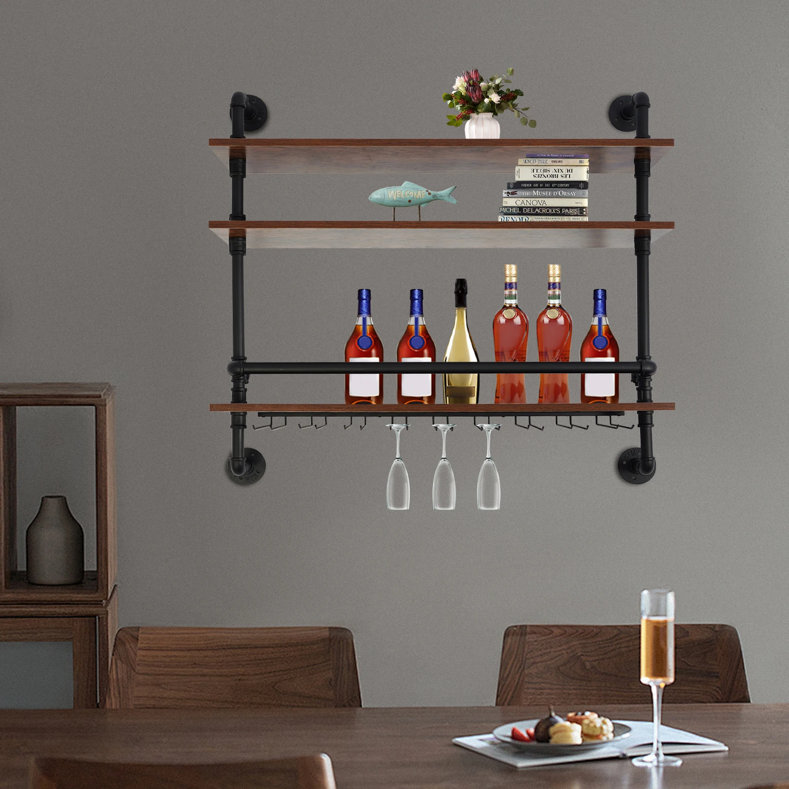 Industrial 3-Tier Wall Mounted Wine Rack with Glass Holders Guard Rails Iron Wood for Wine Bottle Storage Floating Shelves