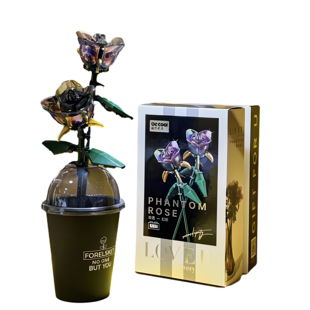 Knew Built エレガントな 3D ブラック ローズ フラワー ビルディング ブロック セット - 赤と黄色の花束モデル、精密おもちゃ、家の装飾、ギフトアイデア