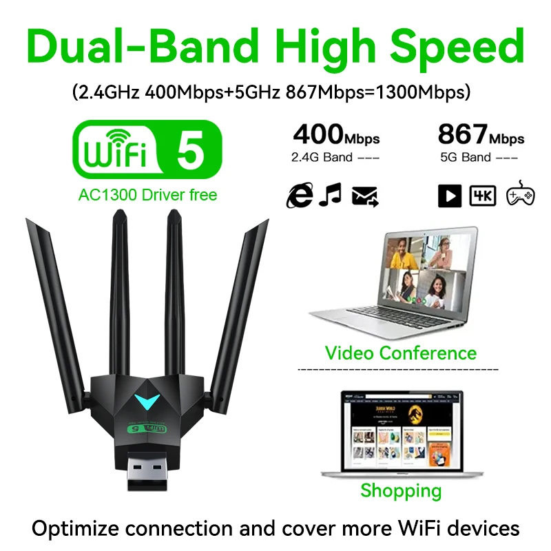 デュアルバンドwifi usbアダプター,1300mbps,2.4g,5ghz,usb3.0,802.11ac,4アンテナ,PC,ラップトップ,ドライバー用のワイヤレスレシーバー,無料