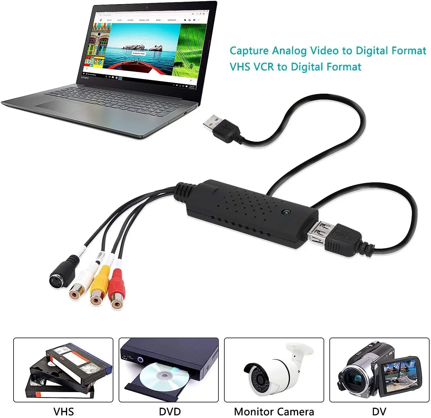 Conversor de áudio de vídeo USB 2.0, VHS antigo, VCR, Mini, DV, Hi8, DVD, Mac, PC, Windows 7, 8