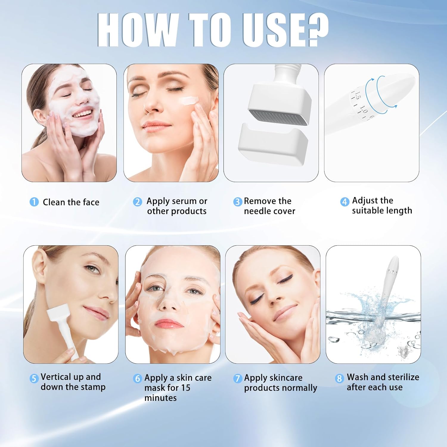 Derma Stamp Microneedling ajustável com agulhas de 140 pinos, cuidados com o corpo, cabelo, crescimento da barba