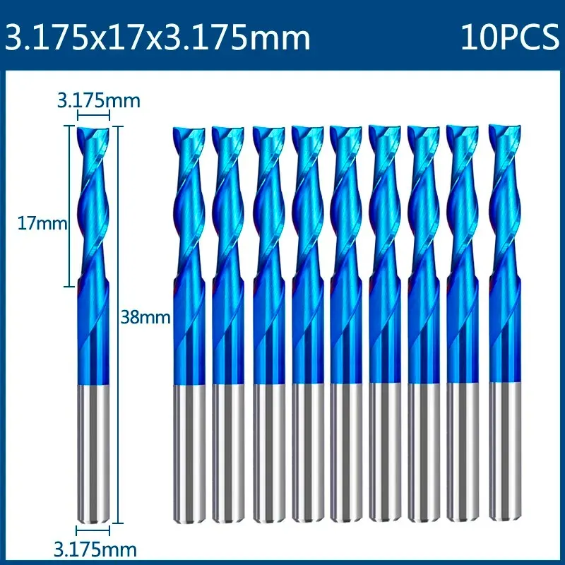 XCAN เครื่องตัดกัดปลาย10ชิ้นก้าน3.175มม. CNC เราเตอร์บิตนาโนสีน้ำเงินเคลือบคาร์ไบด์เครื่องมือกัด CNC