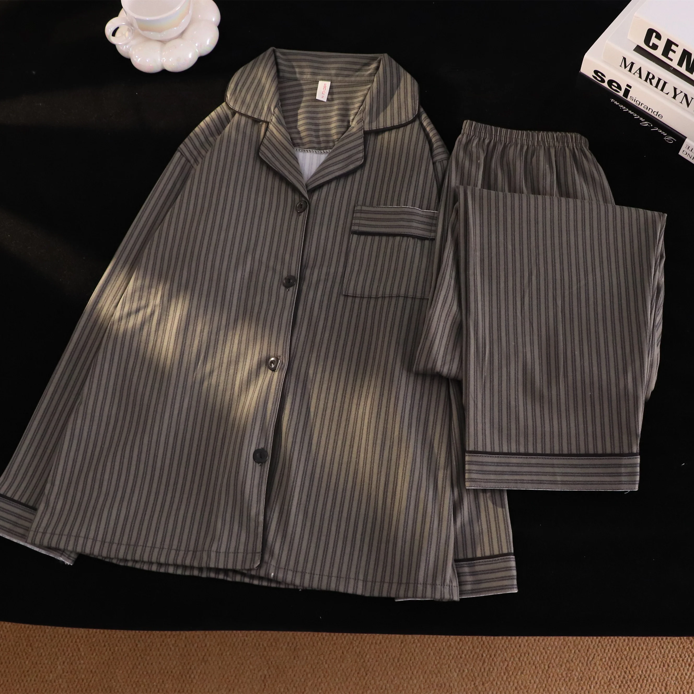 Conjunto de Pijamas de Casal t 2024 em Aodão com Manga Longa para Mulheres, Estilo Simples, Calças Longas para Homen...