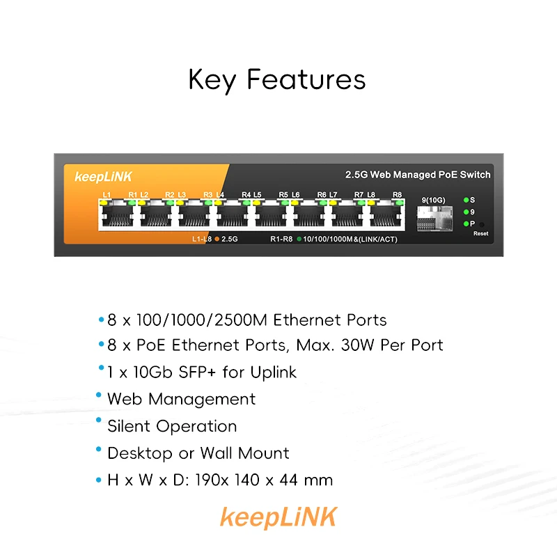 Switch gerenciado multigigabit de 9 portas KeepLink com PoE de 8-2,5 Gbps e SFP + Uplink de 1-10 Gb